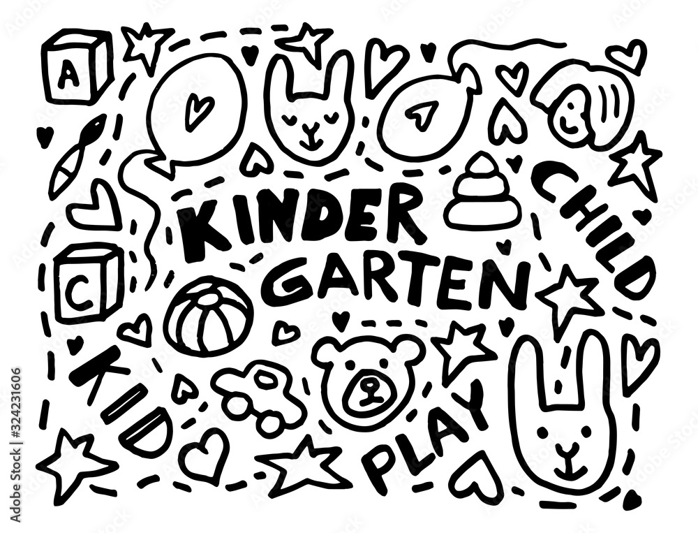 Simple han drawn doodle about kids. Kindergarten design colorless set vector illustration.