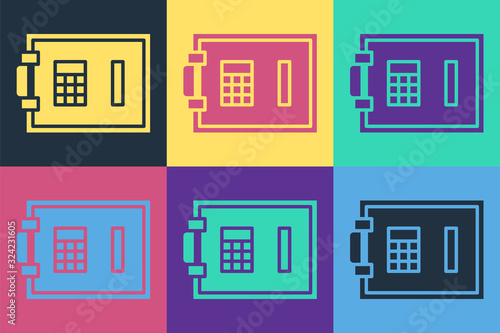 Pop art Safe icon isolated on color background. The door safe a bank vault with a combination lock. Reliable Data Protection. Vector Illustration