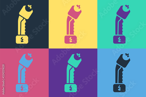 Pop art Police electric shocker icon isolated on color background. Shocker for protection. Taser is an electric weapon. Vector Illustration