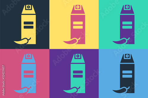 Pop art Pepper spray icon isolated on color background. OC gas. Capsicum self defense aerosol. Vector Illustration