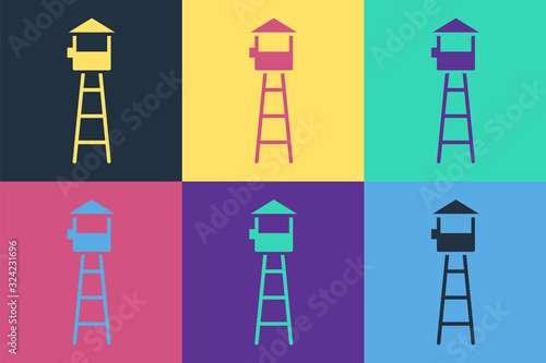 Pop art Watch tower icon isolated on color background. Prison tower, checkpoint, protection territory, state border, military base. Vector Illustration