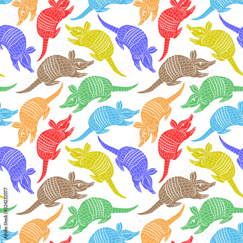 Seamless pattern with colored armadillos on a white background.