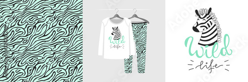 Seamless pattern and illustration with zebra, quote Wild life