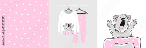 Seamless pattern and illustration with koala under the covers stretches and yawns.