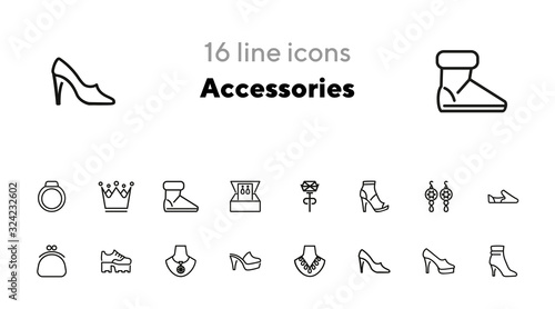 Accessories line icon set. Shoes, purse, necklace. Fashion concept. Can be used for topics like style, trend, jewelry