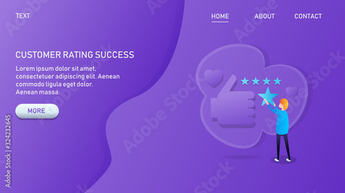 Customer character giving positive five star rating for business and service concept. Web banner, landing page template with text.