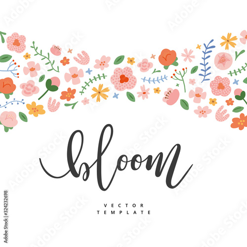 Floral template with copy space, spring card with wildflowers, garden bouquet with bloom lettering, inspirational card, cute hand drawn illustration. Lettering card for wedding, invitation or brochure