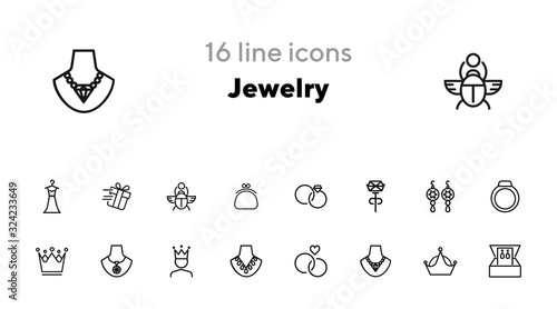 Jewelry line icon set. Earrings, necklace, engagement rings. Jewelry concept. Can be used for topics like fashion, accessory, store