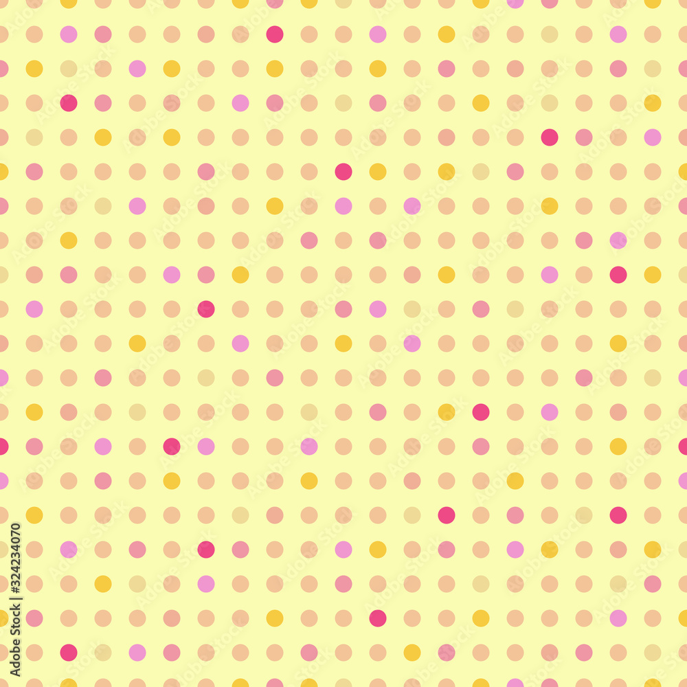 Polka dot. Vector seamless pattern. Yellow, pink, purple dots on yellow background