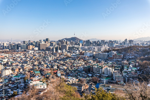 Canvas Print 인왕산에서 바라본 서울 도심 낮 풍경과 밤 (야경) 뷰 Seoul Day and Night Skyline from Inwangsan Mounta
