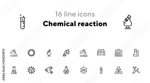 Chemical reaction line icon set. Set of line icons on white background. Molecule, structure, atom, flask. Science concept. Vector illustration can be used for topics like experiment, laboratory