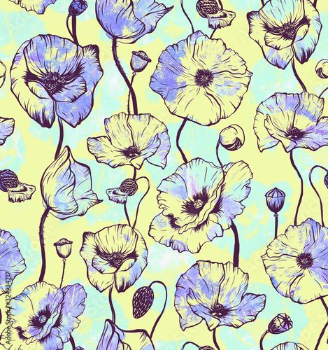 Hand drawn seamless pattern with bright abstract poppy flower head