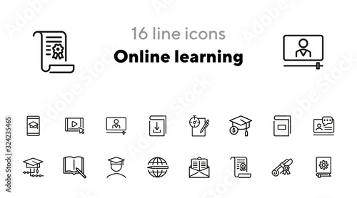 Online learning line icon set. Book, webinar, diploma. Education concept. Can be used for topics like studying, teaching, graduation