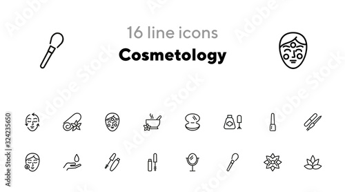 Cosmetology line icon set. Mascara, nail polish, face, lotus flower. Beautician concept. Can be used for topics like beauty salon, beauty care, makeup