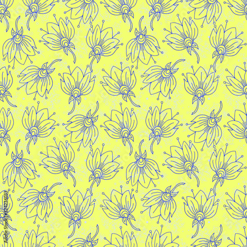 vector illustration of a seamless pattern flower light blue buds soft blue twigs on a yellow background