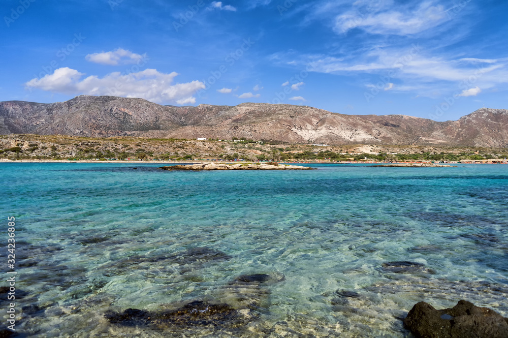 Different shades of blue on Elafonisi beach. Crete island, Greece
