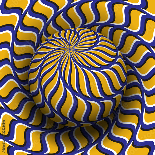 Optical illusion hypnotic vector illustration. Patterned blue yellow sphere soaring above the same surface.