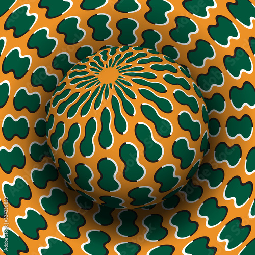 Optical illusion hypnotic vector illustration. Patterned green orange sphere soaring above the same surface.
