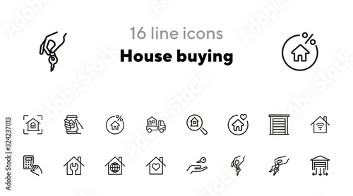 House buying line icon set. Set of line icons on white background. Building, house, home, key. Mortgage concept. Vector illustration can be used for topics like social, real estate
