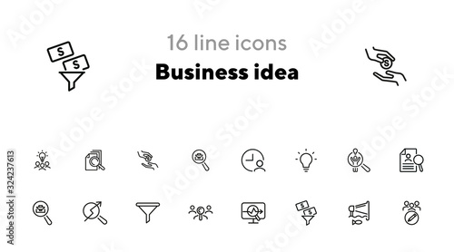 Business idea line icon set. Funnel, bulb, lightbulb. Human resource concept. Can be used for topics like startup, finding investors, new project