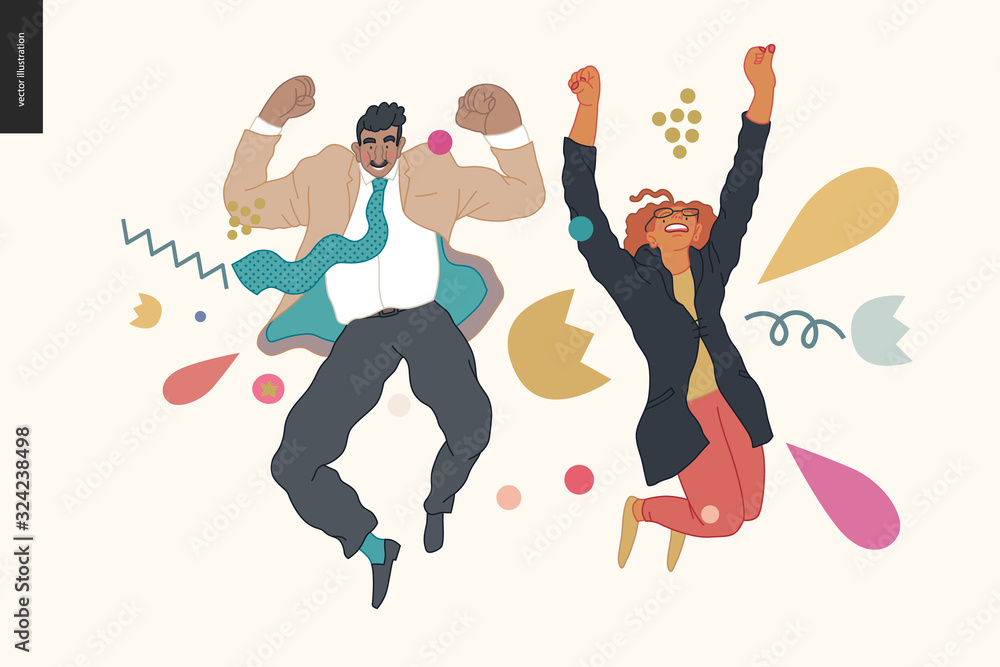 Happy business employee man and woman jumping in the air cheerfully. Modern flat vector concept illustration of a happy jumping office workers. Feeling and emotion concept. Happy business employee man and woman jumping in the air cheerfully. Modern flat vector concept illustration of a happy jumping office workers. Feeling and emotion concept.