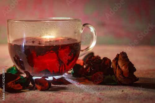 Red Hot Hibiscus tea in a glass mug