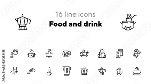 Food and drink icons. Set of line icons on white background. Menu, teapot, wine, restaurant location. Restaurant concept. Vector illustration can be used for topics like catering, service, kitchenware