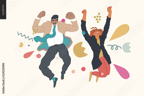 Happy business employee man and woman jumping in the air cheerfully. Modern flat vector concept illustration of a happy jumping office workers. Feeling and emotion concept.