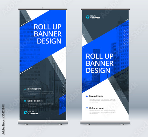 Blue Business Roll Up Banner. Abstract Roll up background for Presentation. Vertical roll up, x-stand, exhibition display, Retractable banner stand or flag design layout for conference, forum.