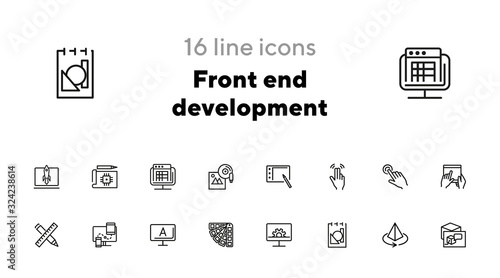 Front end development icon set. Line icons collection on white background. Palette, gadget, interface. Graphic design concept. Can be used for topics like technology, screen, drawing