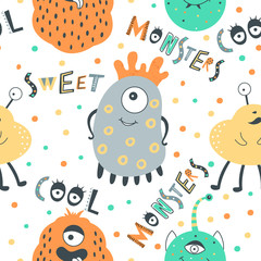 Acrylglasbilder Monstermuster Niedliche Monster im Kindermuster  © savvalinka