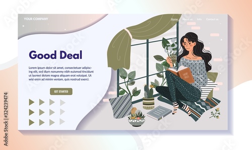 Woman reading book on windowsill, home leisure website design, vector illustration. Cute girl cartoon character reads book and drinks tea, cozy weekend leisure in comfort home. Woman sit on windowsill