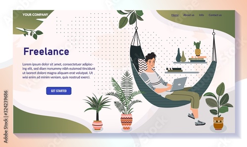 Freelancer working from home, man in hammock with laptop, vector illustration. Cozy atmosphere in comfortable home, website design. Freelance job, work remotely in comfort of home. Weekend leisure