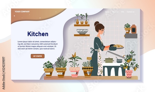 Woman baking pie in kitchen, home cooking website design, vector illustration. Housewife cartoon character cooking at home, herbs in flowerpots. Homemade food recipes, baking hobby, cozy kitchen