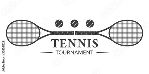Tennis tournament logo or badge with two rackets and tennis balls. Vector illustration.