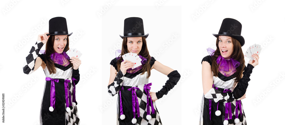 Pretty girl in jester costume with cards isolated on white