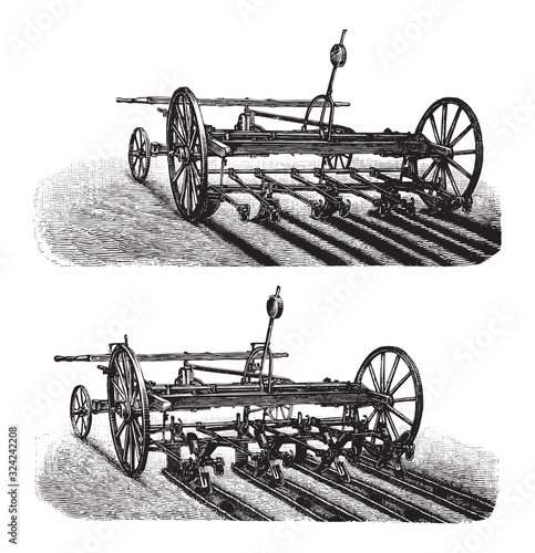 Old potato sowing machine / vintage illustration from Brockhaus Konversations-Lexikon 1908