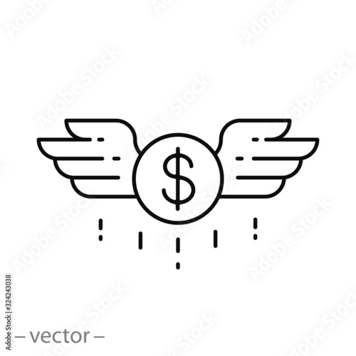 winged dollar icon, flying cash money with wings, freedom spend finance, thin line web symbol on white background - editable stroke vector illustration eps10