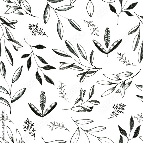Floral seamless pattern with leaves and flowers. Doodles ornament.