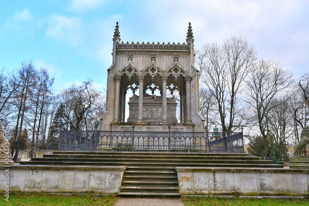 Warsaw, Poland - January 2020. Gothic tomb near Wilanow palace in Warsaw. Mausoleum of Potocki and Church of Saint Anne in Wilanow. Wilanow palace area. Tourist attraction