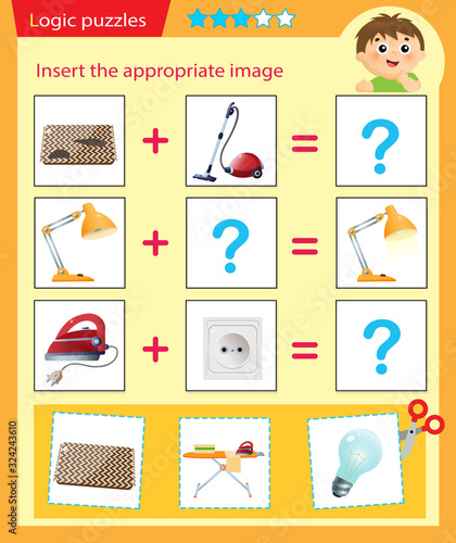Logic puzzle for kids. Matching game, education game for children. Match the right object. Worksheet vector design for preschoolers.
