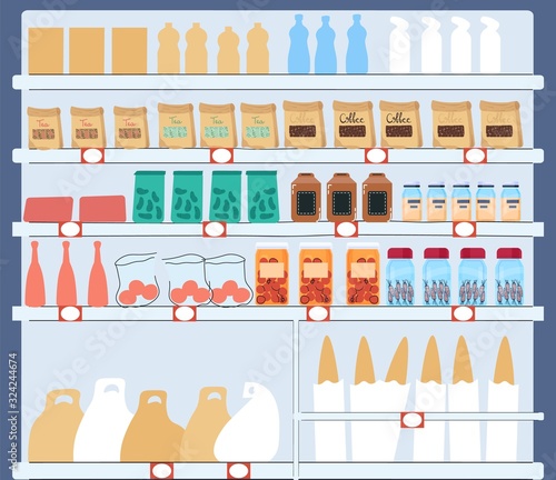 Supermarket shelf full of different products, grocery store assortment, vector illustration. Set of hand drawn food products in supermarket, wide choice of tea and coffee. Variety of organic food shop