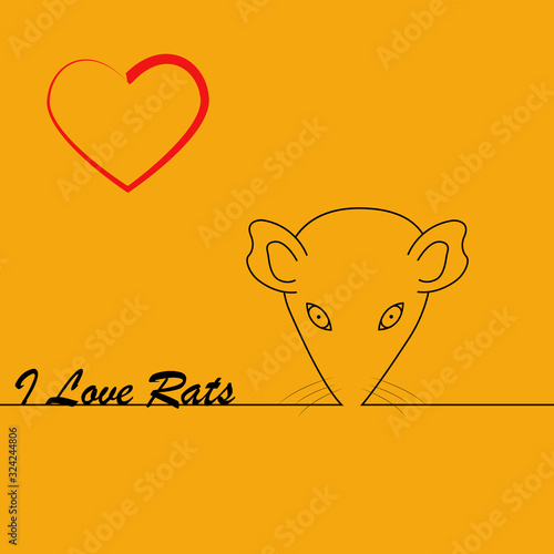 I love rats. heart black rat head. face contour vector image