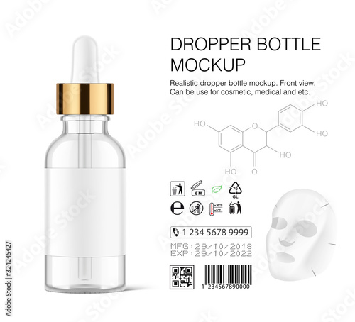 Dropper bottle mockup isolated on white background. Vector illustration. Front view. Сan be used for cosmetic, medical and other needs. EPS10	