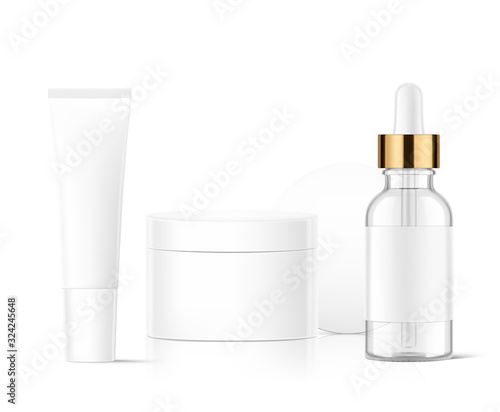 Cosmetic package mockup set. Vector illustration isolated on white background. Can be use for your design, advertising, promo and etc. EPS10.	