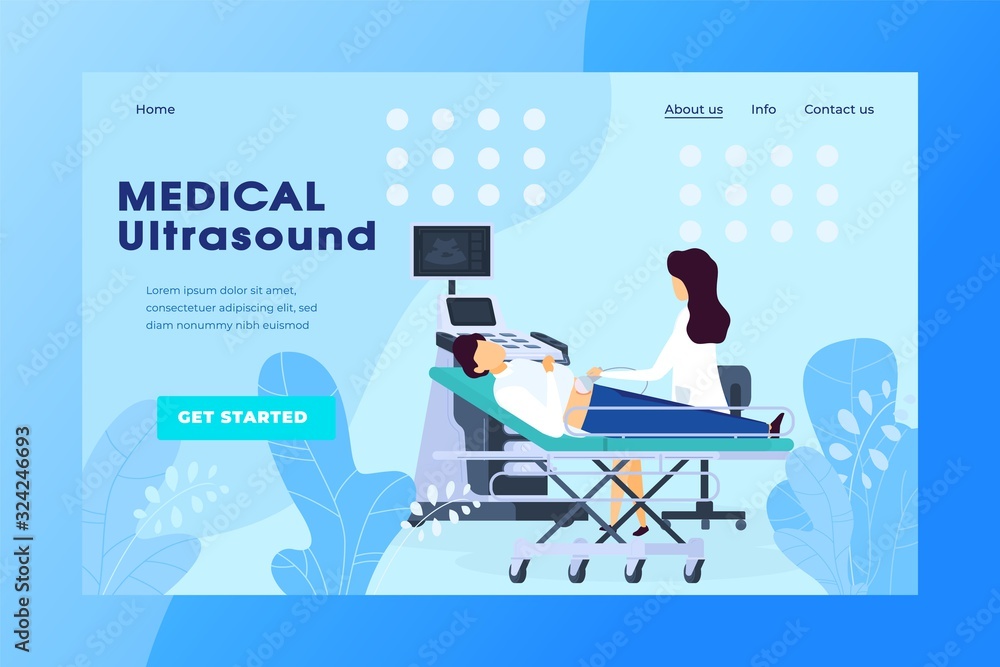 Ultrasound examination in medical clinic, pregnancy healthcare website vector illustration. Ultrasonic diagnostic in hospital, modern equipment for healthcare center. Doctor checkup online appointment