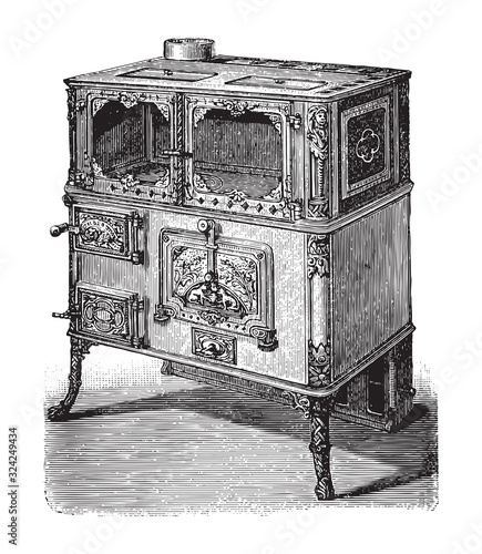 Old kitchen oven / vintage illustration from Brockhaus Konversations-Lexikon 1908