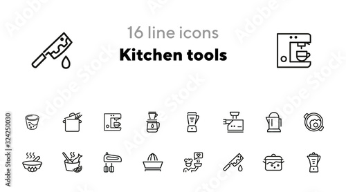 Kitchen tools line icon set. Set of line icons on white background. Knife, juicer, frying pan. Cooking concept. Vector illustration can be used for topics like kitchen, cooking, food, household