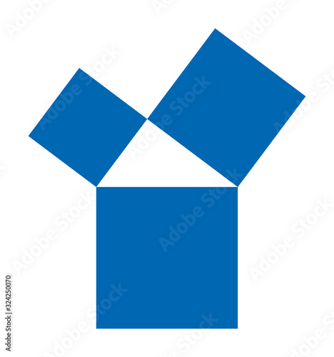 Pythagorean theorem shown with three blue squares. Pythagoras theorem. Relation of sides of a right triangle. The two smaller squares together have the same area than the big one. Illustration. Vector
