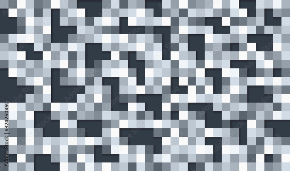 Abstract shimmering tiles on the wall. Seamless pixel background with holes and shadows.